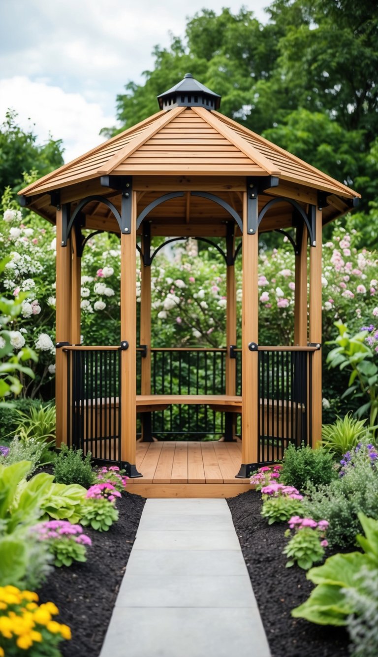 A large outdoor gazebo with a fusion of wood and steel materials, surrounded by lush greenery and set against a backdrop of blue skies and mountains