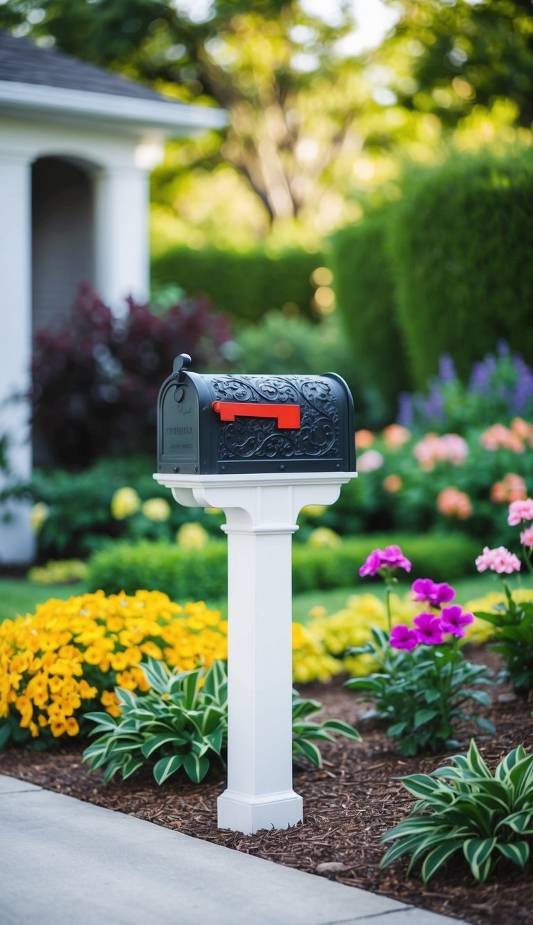 A decorative mailbox stands at the end of a driveway, surrounded by lush landscaping and colorful flowers