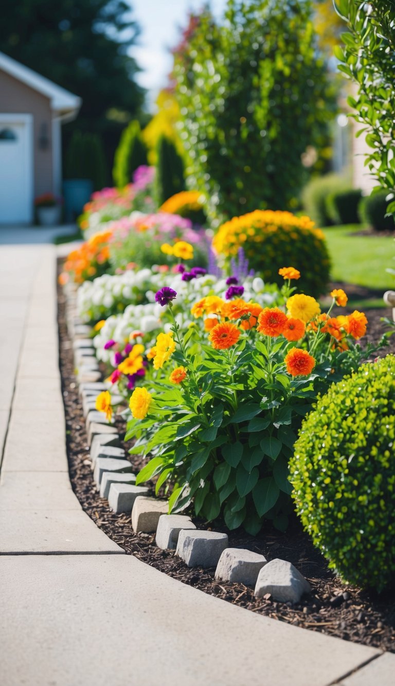A flower bed at the end of a driveway bursting with colorful seasonal blooms, surrounded by neatly trimmed bushes and a small stone border