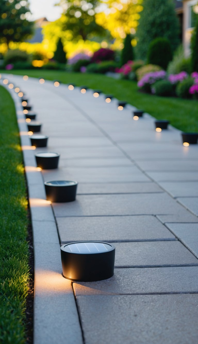 A winding driveway lined with solar-powered pathway lights, leading to a beautifully landscaped garden at the end