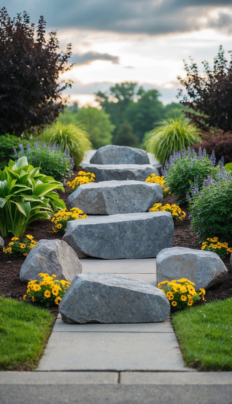 Large rocks arranged at the end of a driveway, surrounded by lush plants and flowers, adding a natural and decorative touch to the landscape