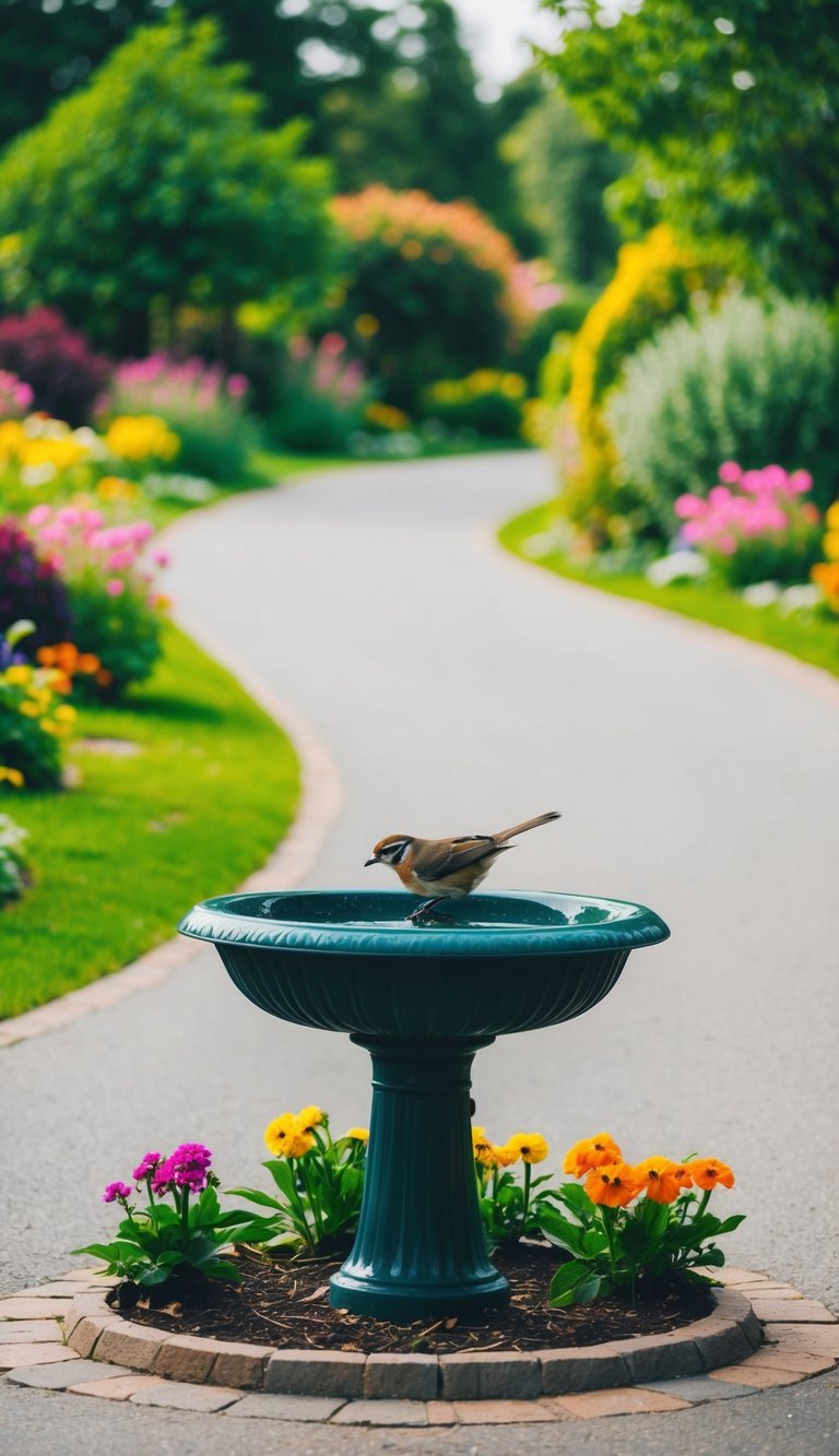 A quaint bird bath sits at the end of a winding driveway, surrounded by colorful flowers and lush greenery, adding charm to the landscape