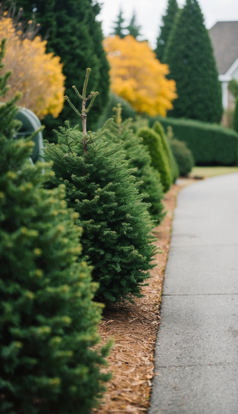 A driveway lined with evergreen shrubs, providing year-round greenery and enhancing the landscape
