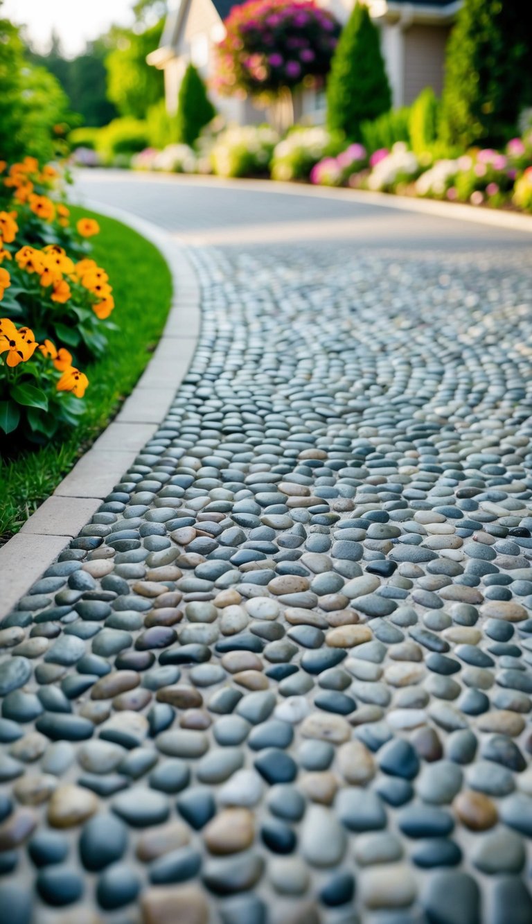 A pebble mosaic pattern lines a winding driveway, surrounded by lush landscaping and vibrant flowers