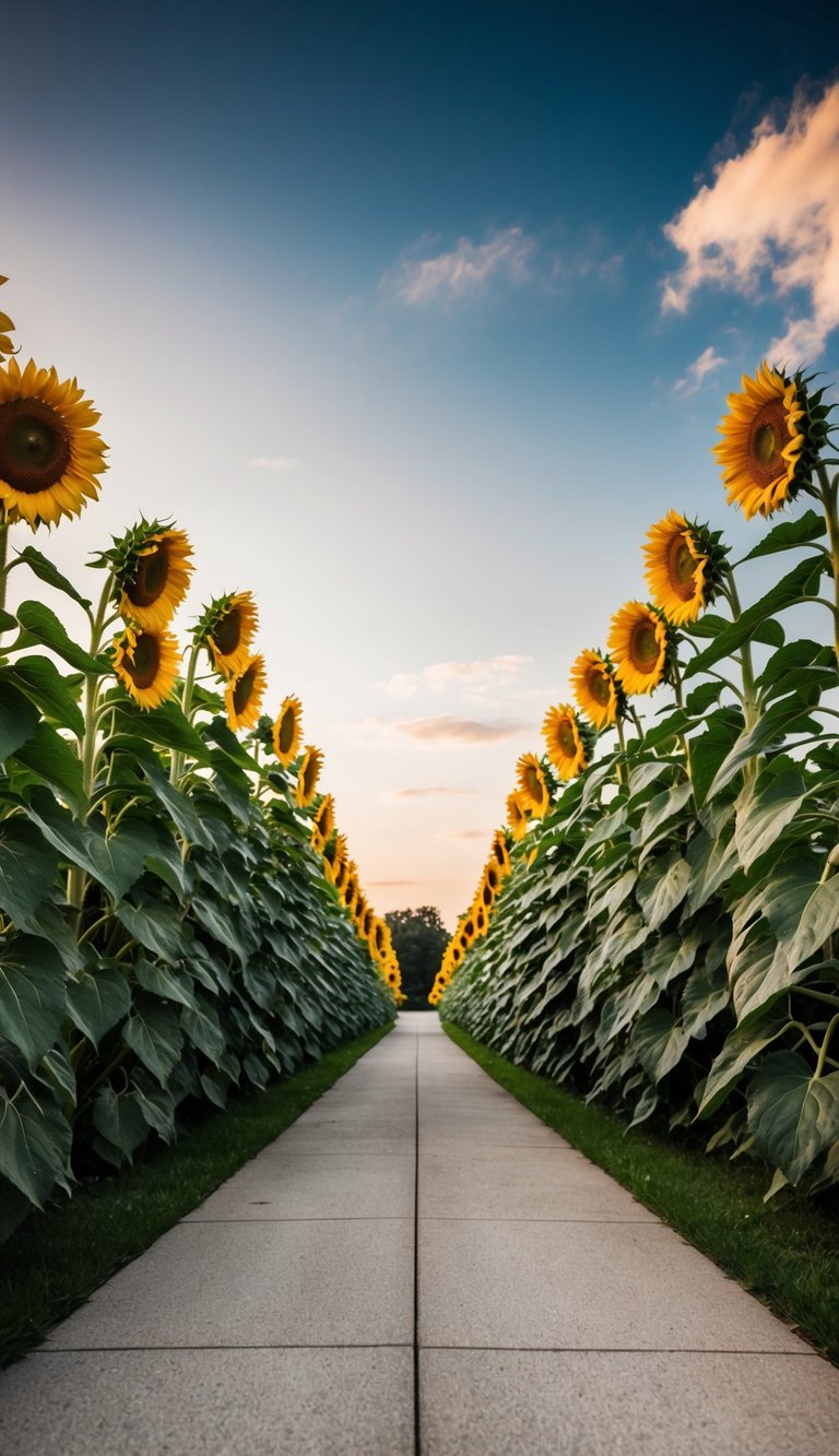 Sunflowers towering over a lush garden at the end of a driveway