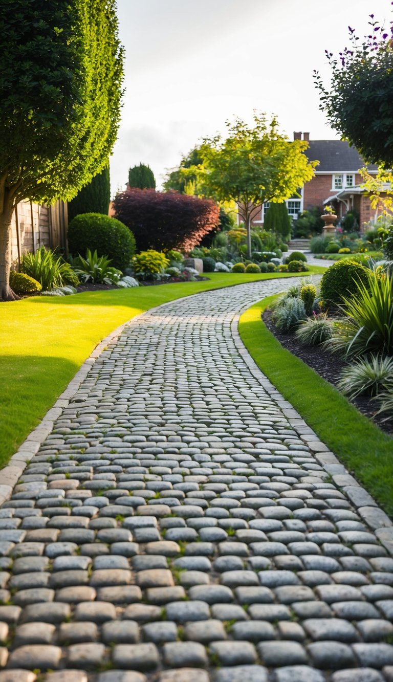 A driveway lined with cobblestones leading to a well-maintained garden with various landscaping features