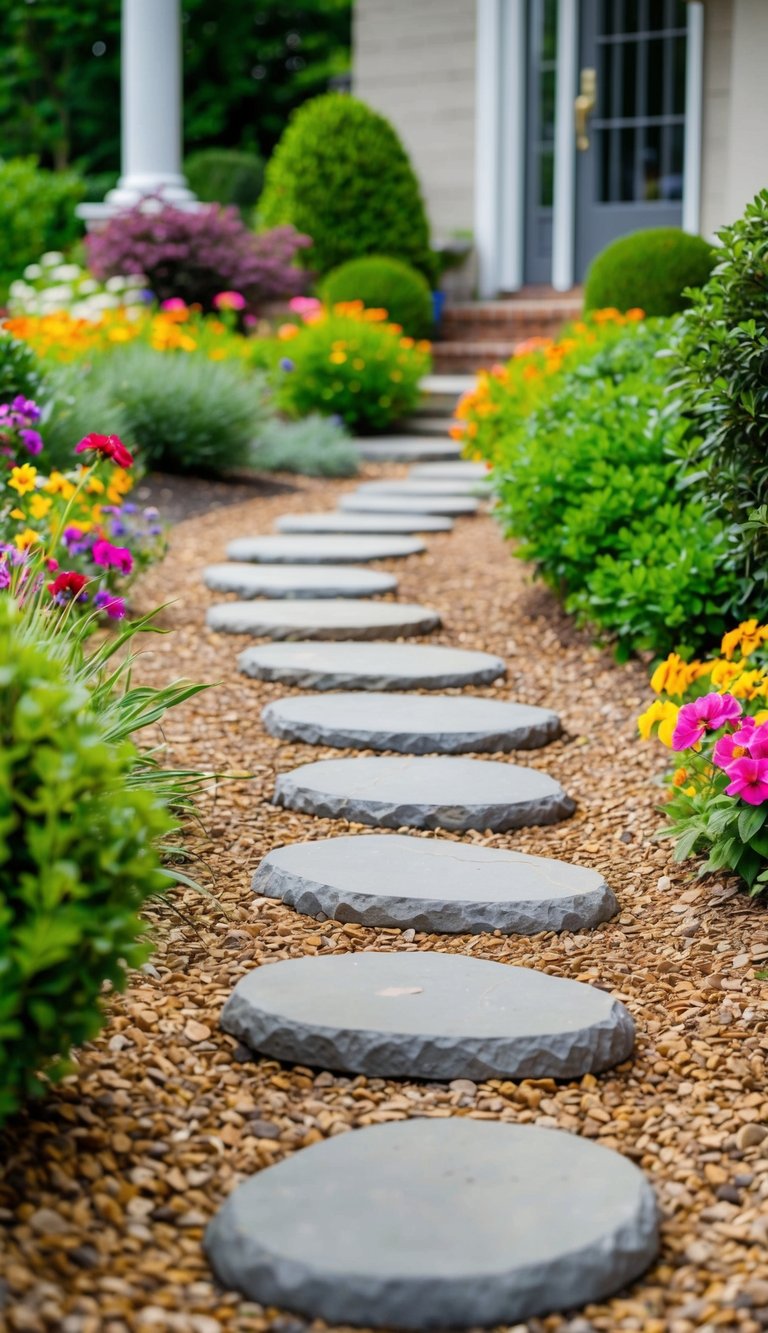 A winding path of stepping stones leads through a lush garden, bordered by colorful flowers and shrubs, creating a visually appealing entrance to a home