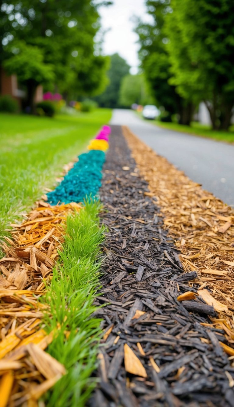 Vibrant multicolored mulch lines the end of a driveway, creating a striking contrast with the surrounding greenery
