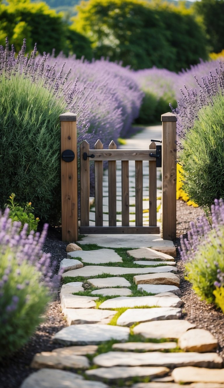 A winding stone pathway leads to a rustic wooden gate surrounded by vibrant lavender bushes, creating a fragrant and inviting entryway
