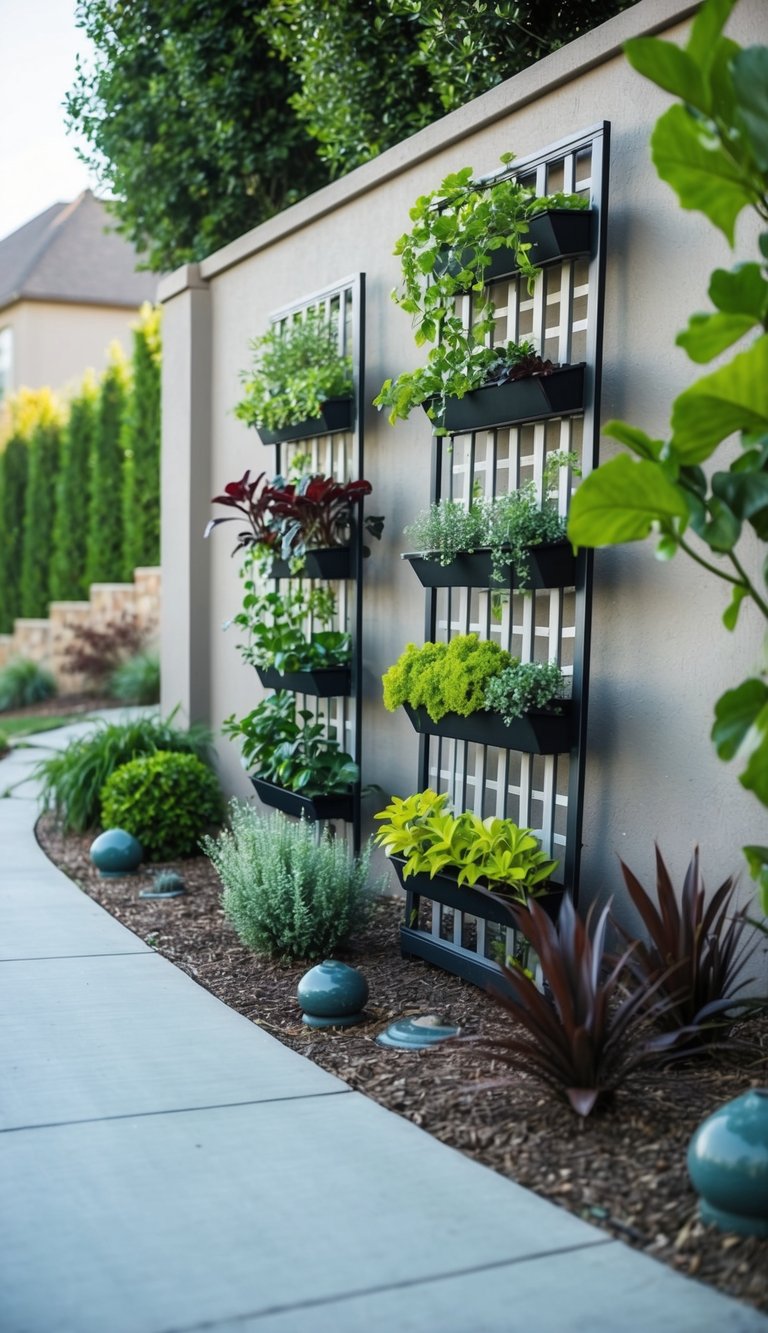 A trellis stands against a wall, adorned with various plants in a vertical garden. The driveway leads up to the garden, with landscaping features surrounding it