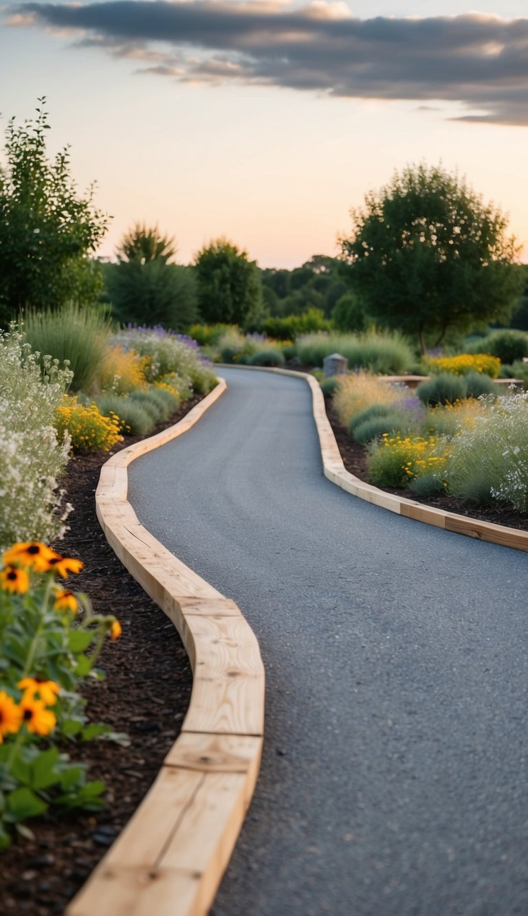 Reclaimed wood borders a winding driveway, surrounded by wildflowers and shrubs