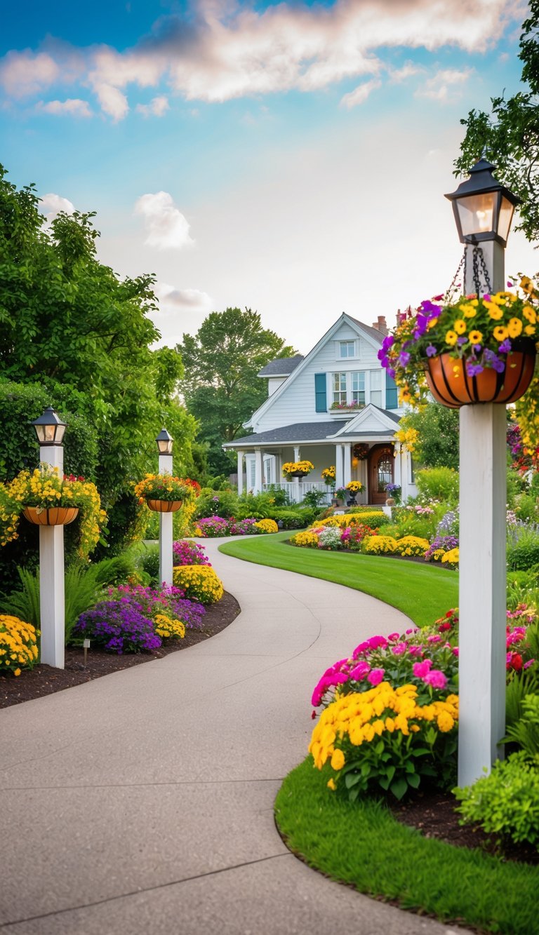 A winding driveway leads to a charming house, with vibrant hanging baskets adorning wooden posts along the path. Lush greenery and colorful flowers create a welcoming and picturesque entrance