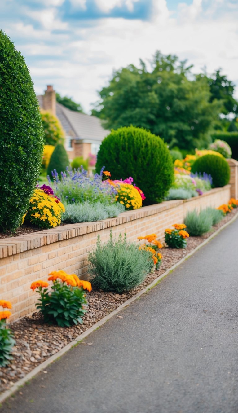 A low garden wall borders a driveway, adorned with colorful flowers and shrubs, creating a welcoming entrance to the property