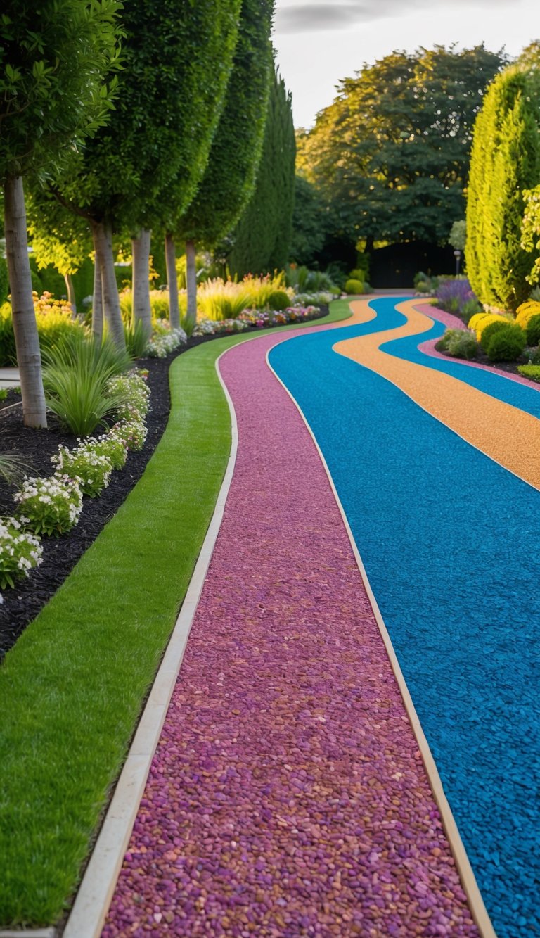 A long driveway with sections of vibrant colored gravel winding through a landscaped garden. Tall trees and flowers border the edges, creating a picturesque entrance