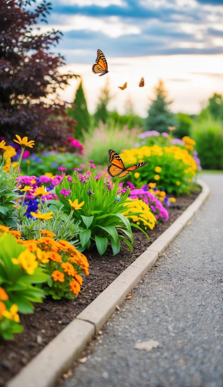 A vibrant butterfly garden blooms at the end of a driveway, filled with colorful nectar plants and fluttering butterflies