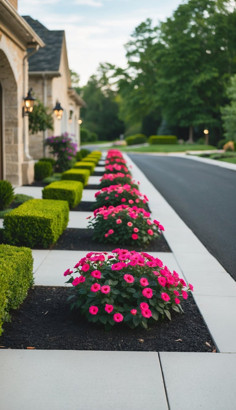 Symmetrical flower beds line the entryway, complementing the driveway landscaping