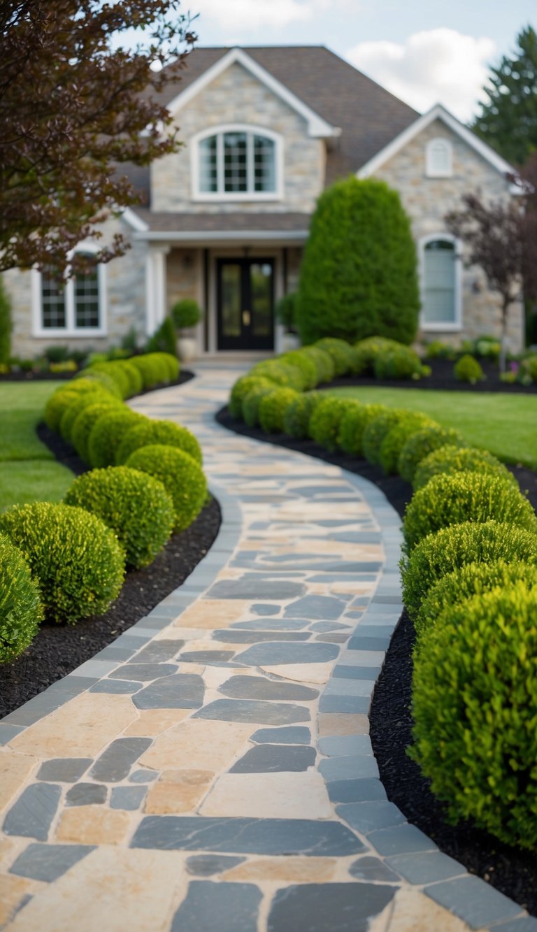 A winding stone path lined with shrubs winds through the front driveway, creating a charming and inviting entrance to the home
