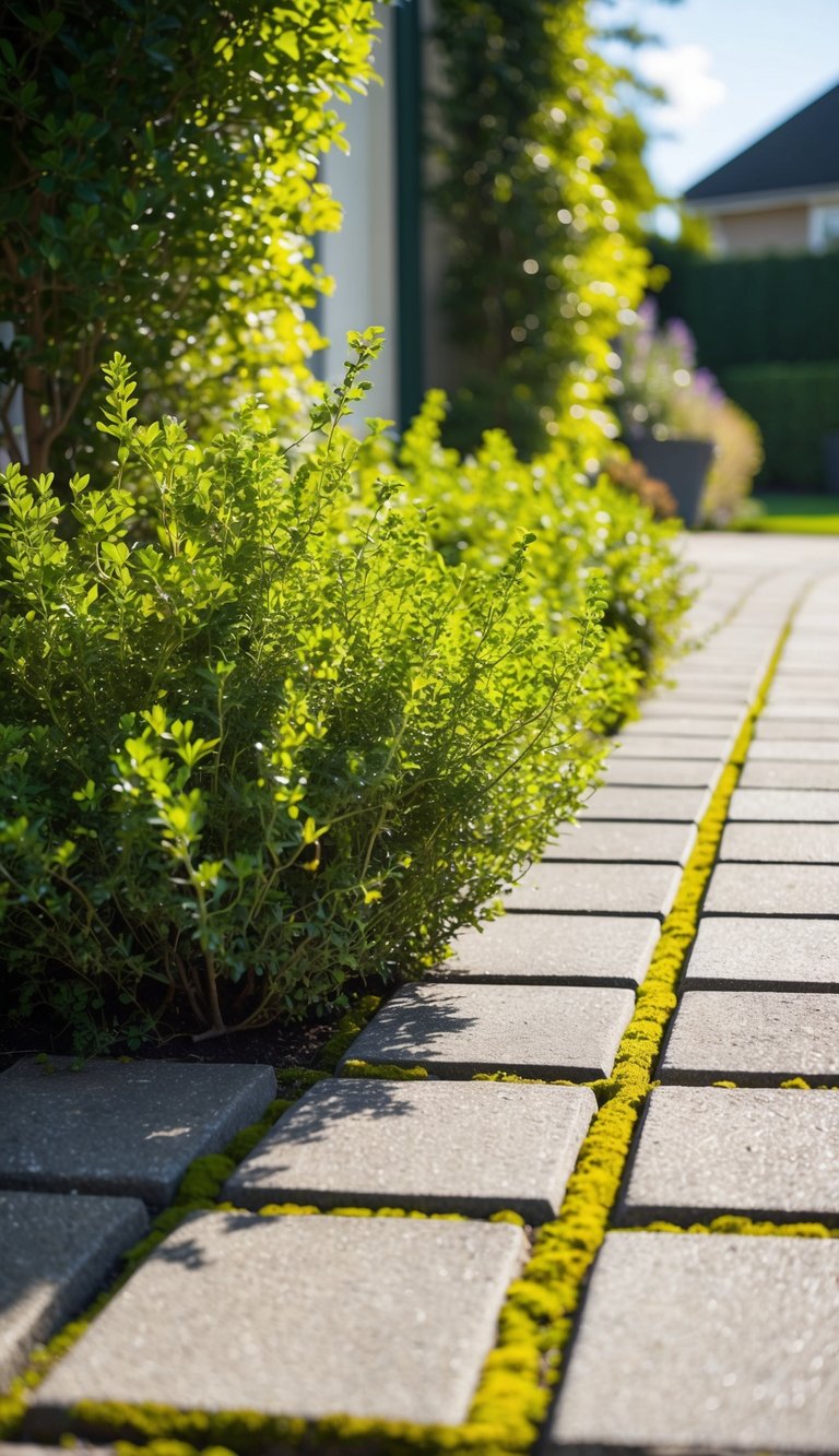 Sunlight filters through the lush green thyme and moss growing between the neatly arranged paving stones of the front driveway, creating a tranquil and inviting entrance to the home