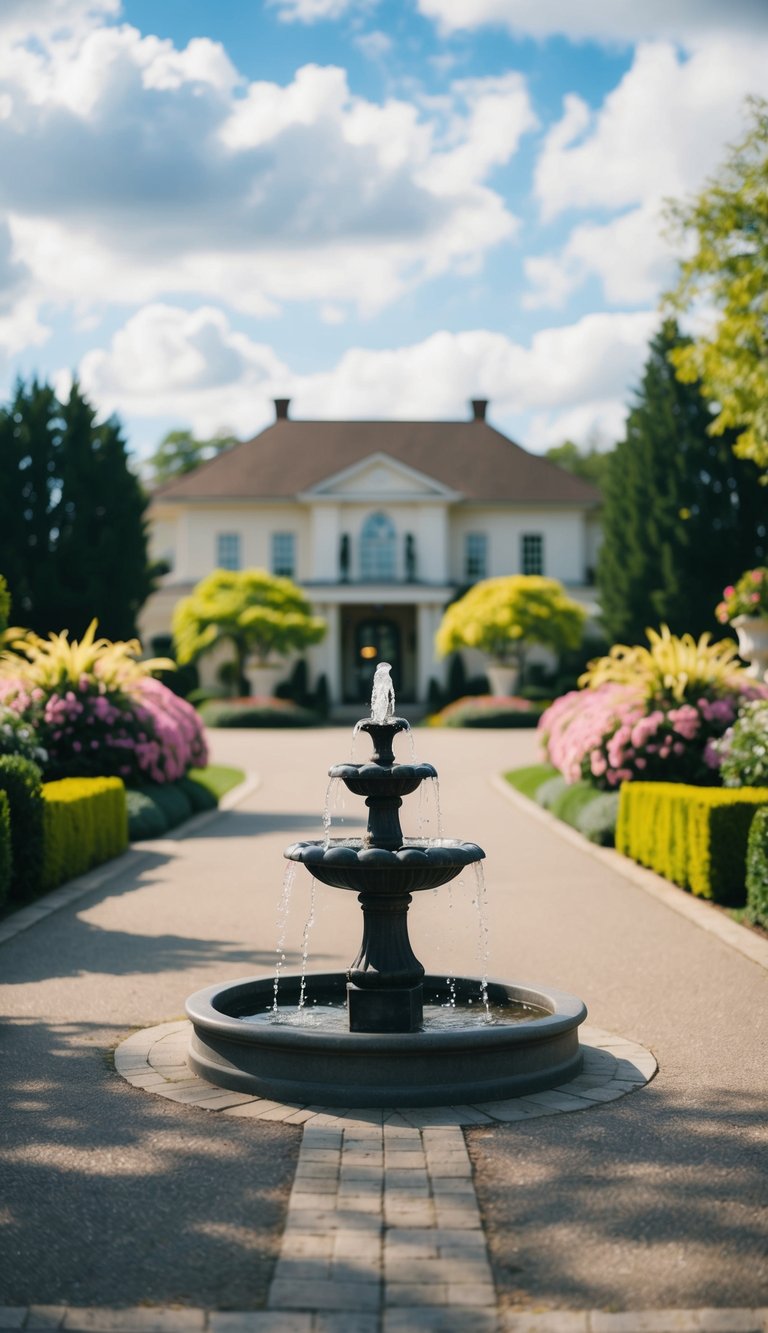 A small fountain sits at the entrance of a grand driveway, surrounded by lush landscaping and blooming flowers