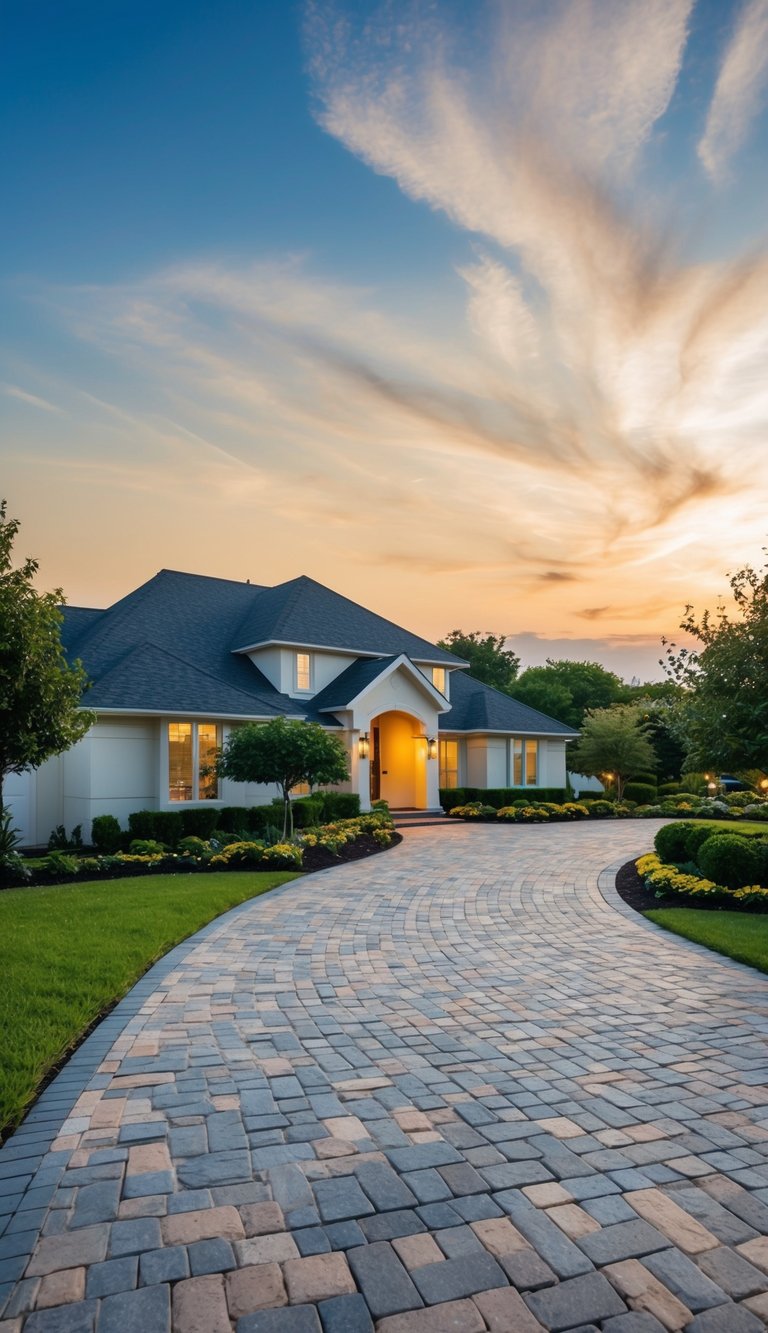 A winding driveway lined with decorative pavers and lush landscaping, leading to a welcoming front entrance