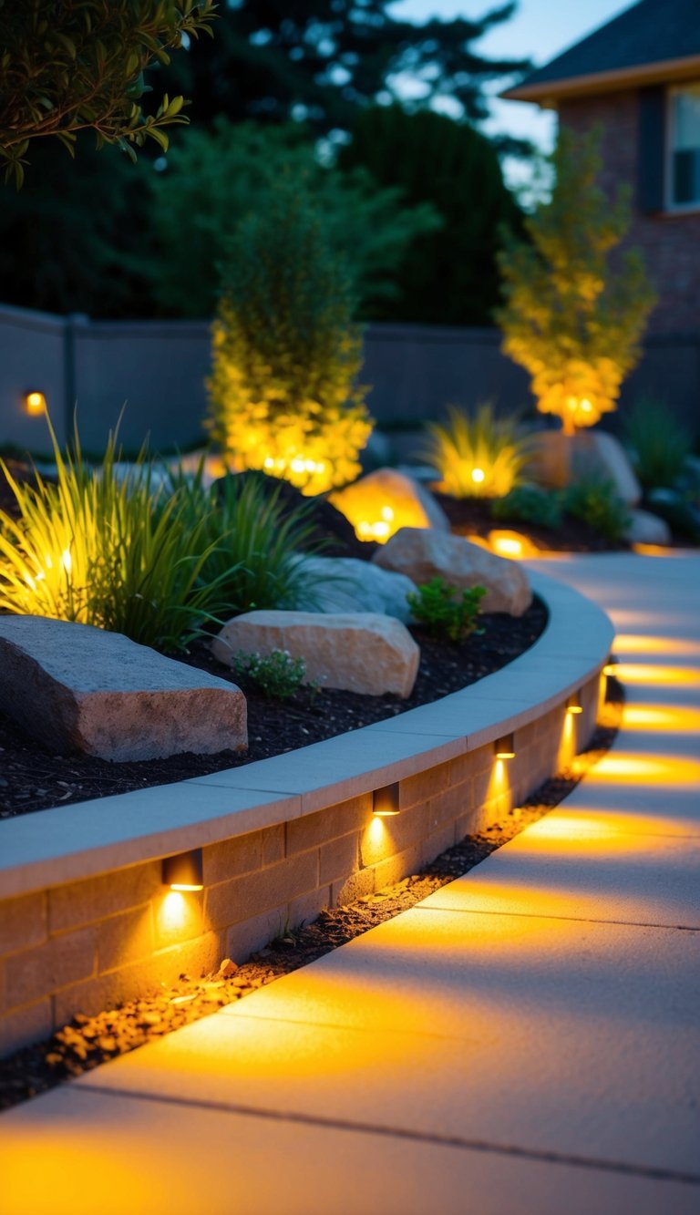 Low-voltage lights illuminate the edges of a landscaped driveway, casting a warm glow on the carefully arranged plants and rocks
