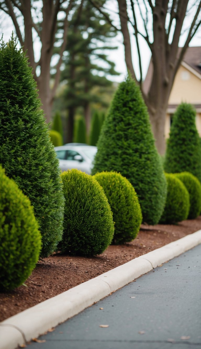 Dwarf trees border a driveway, creating a charming landscaping feature