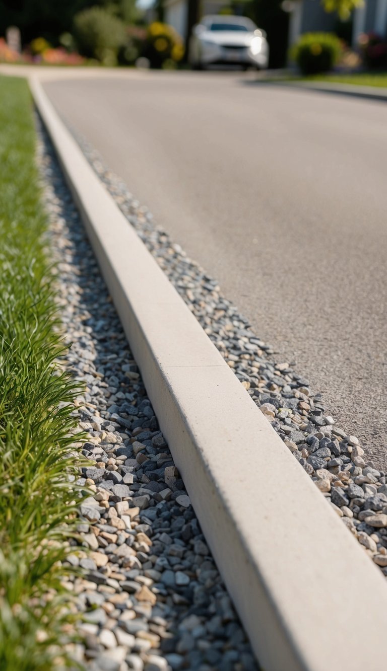A gravel border lines the edge of a wide driveway, neatly defining the space and adding a touch of natural texture to the landscaping