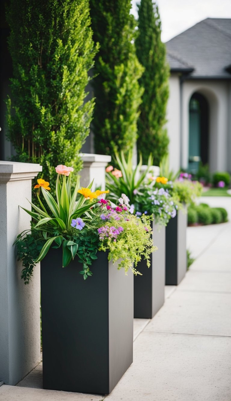 Vertical planters flank the entrance, filled with lush greenery and colorful flowers, adding a touch of natural beauty to the front driveway