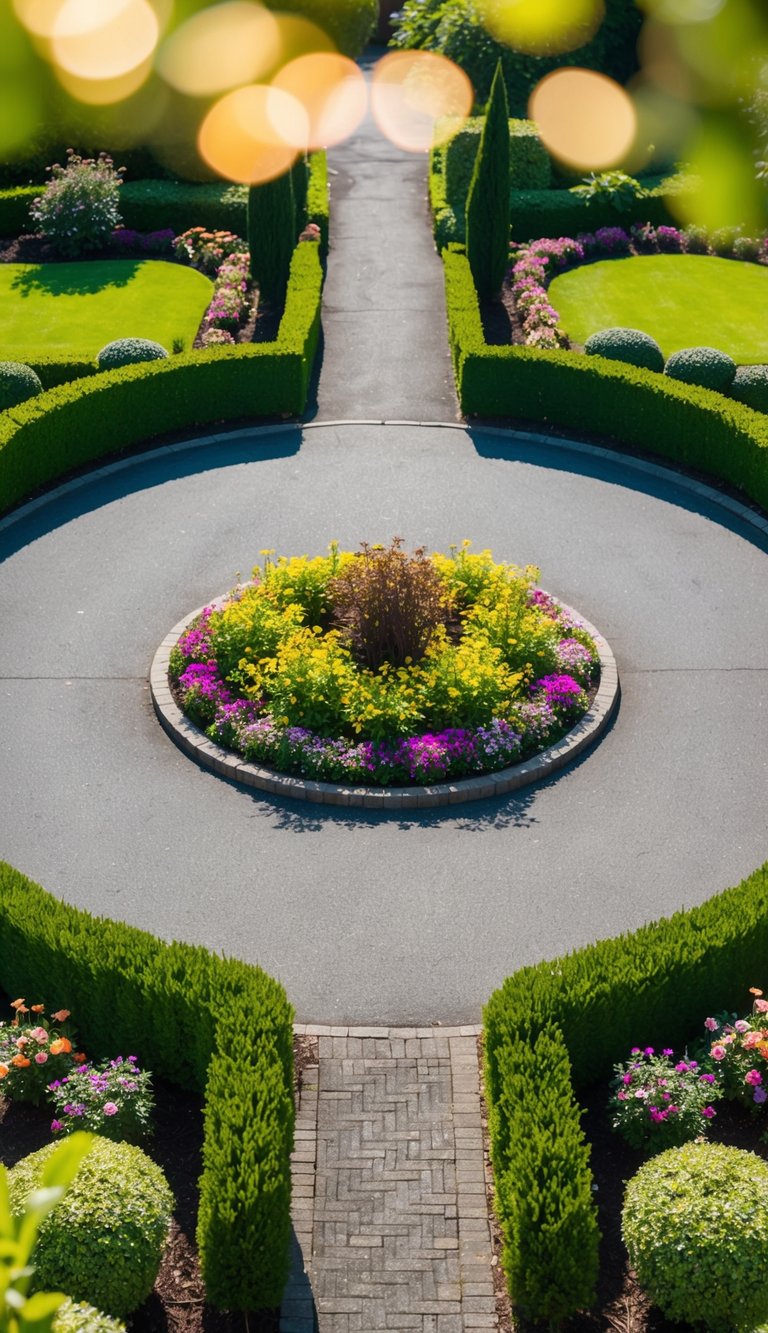 A circular driveway with a lush flower bed at the center, surrounded by neatly trimmed bushes and colorful flowers