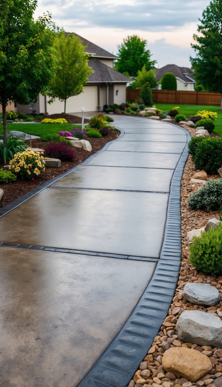 A winding driveway lined with stamped concrete and various landscaping features, such as flower beds, shrubs, and decorative stones