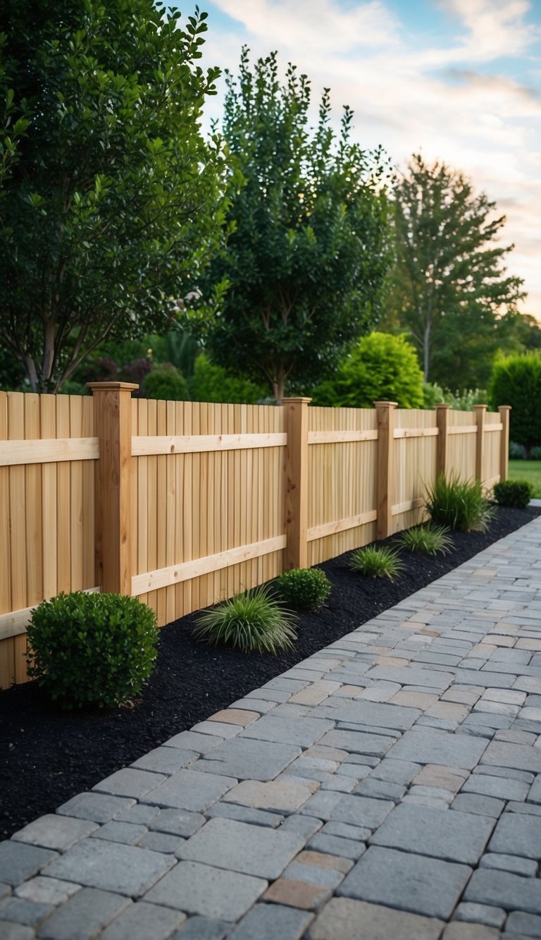 A wooden fence encloses a landscaped driveway with 25 design ideas