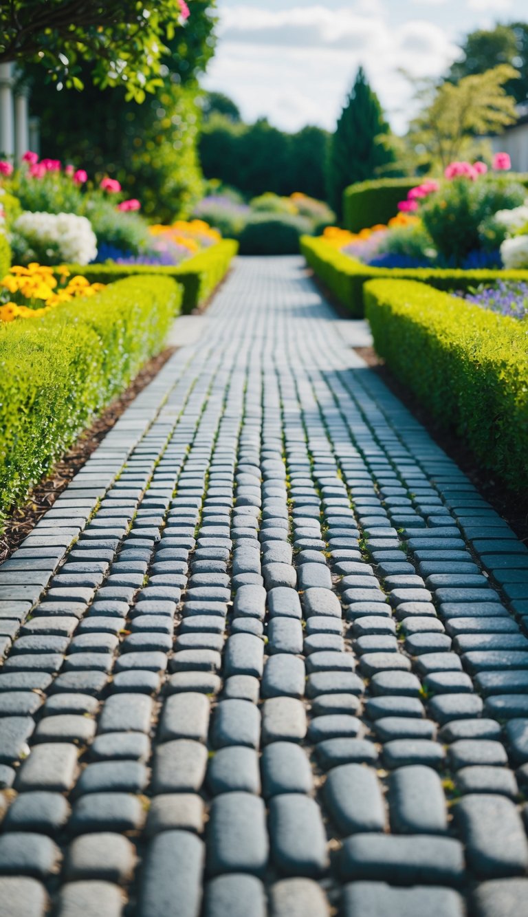 A driveway lined with neatly arranged decorative cobblestones, surrounded by lush greenery and colorful flowers, creating a classic and elegant finish