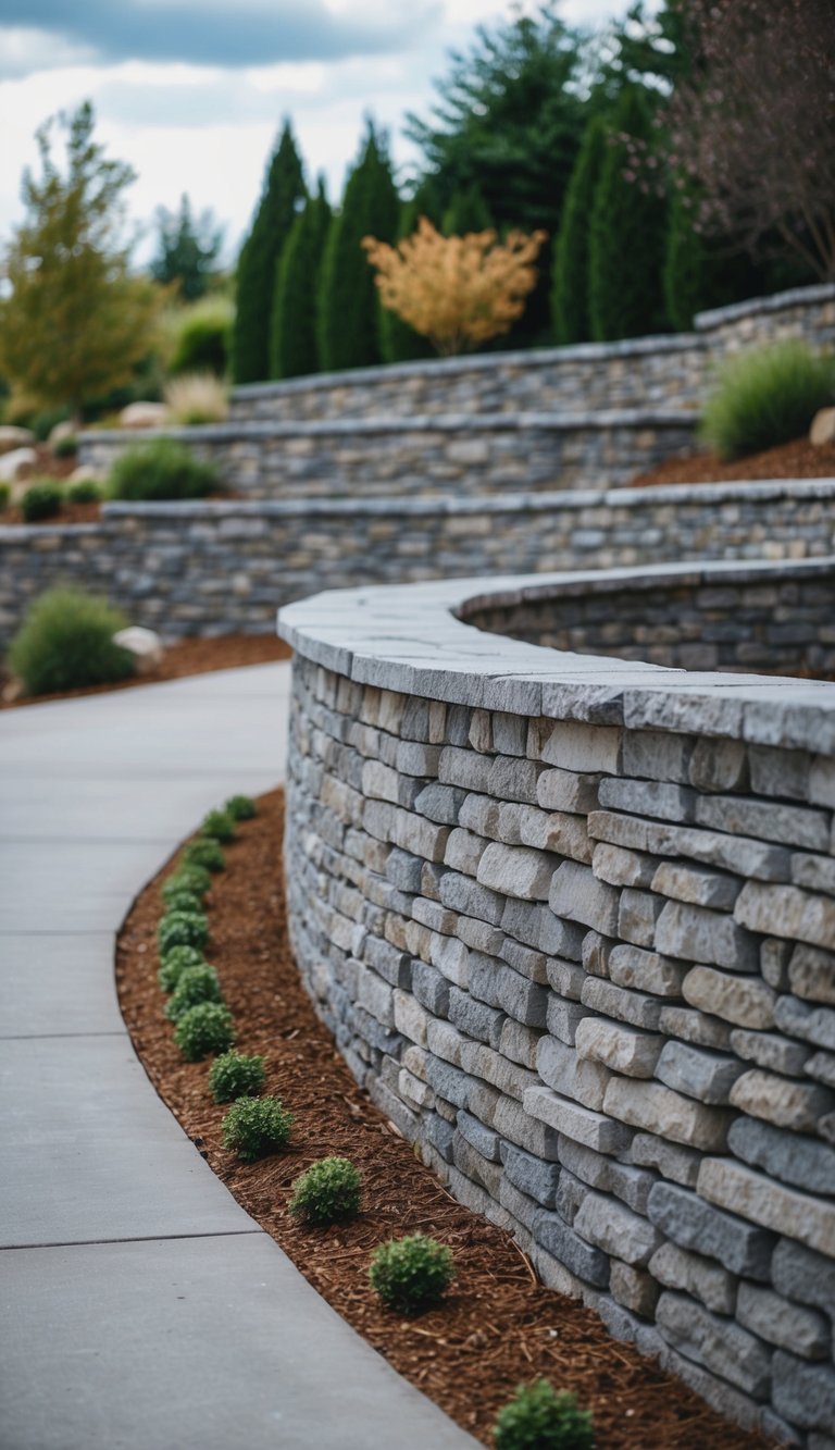 Stone walls line a winding driveway, adding texture and elevation to the landscaped surroundings