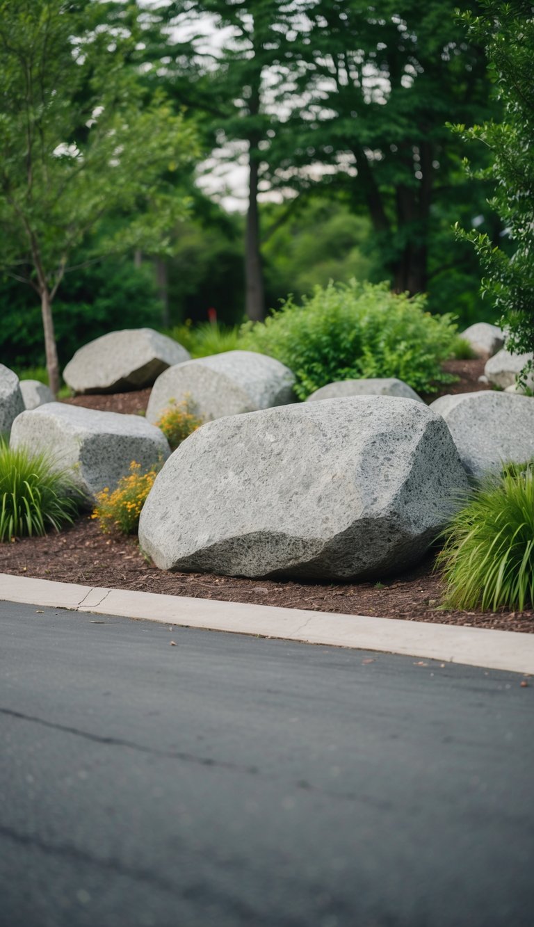 Large boulders scattered among lush greenery in a front driveway landscape