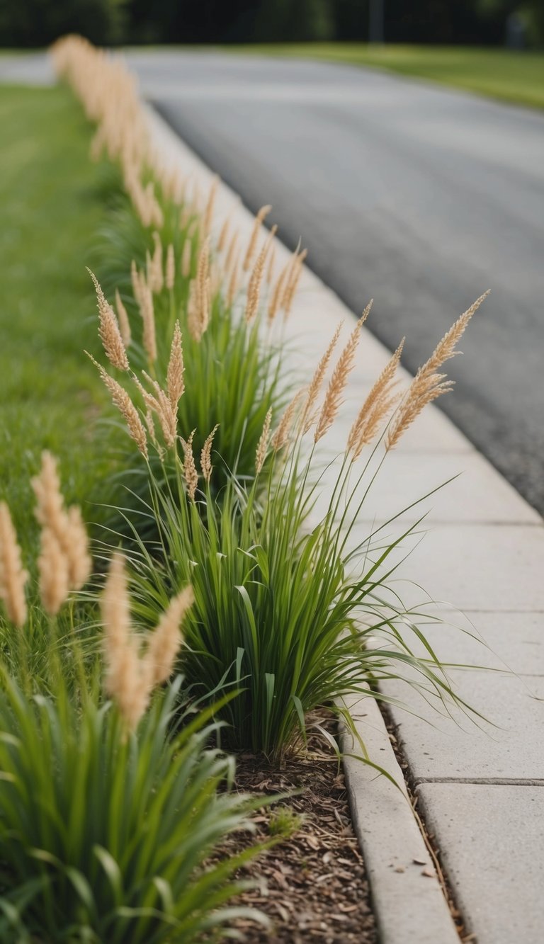Perennial grasses line the driveway, adding texture and color to the landscape