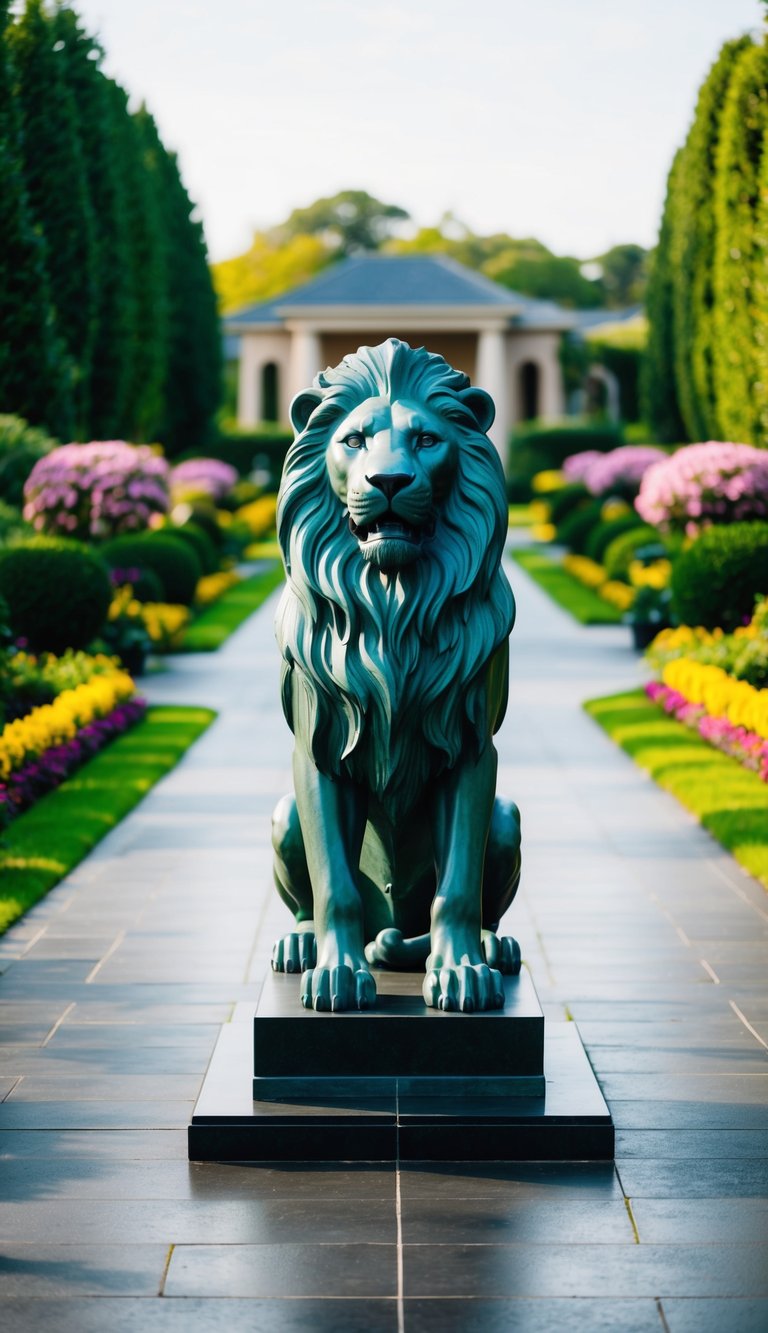 A grand statue of a lion stands at the center of a meticulously landscaped driveway, surrounded by lush greenery and vibrant flowers