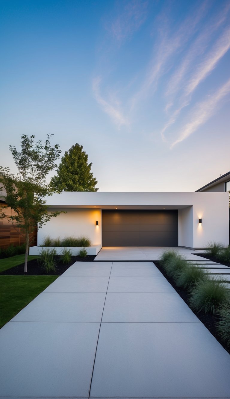 A sleek, angular driveway design with clean lines and minimalist plantings
