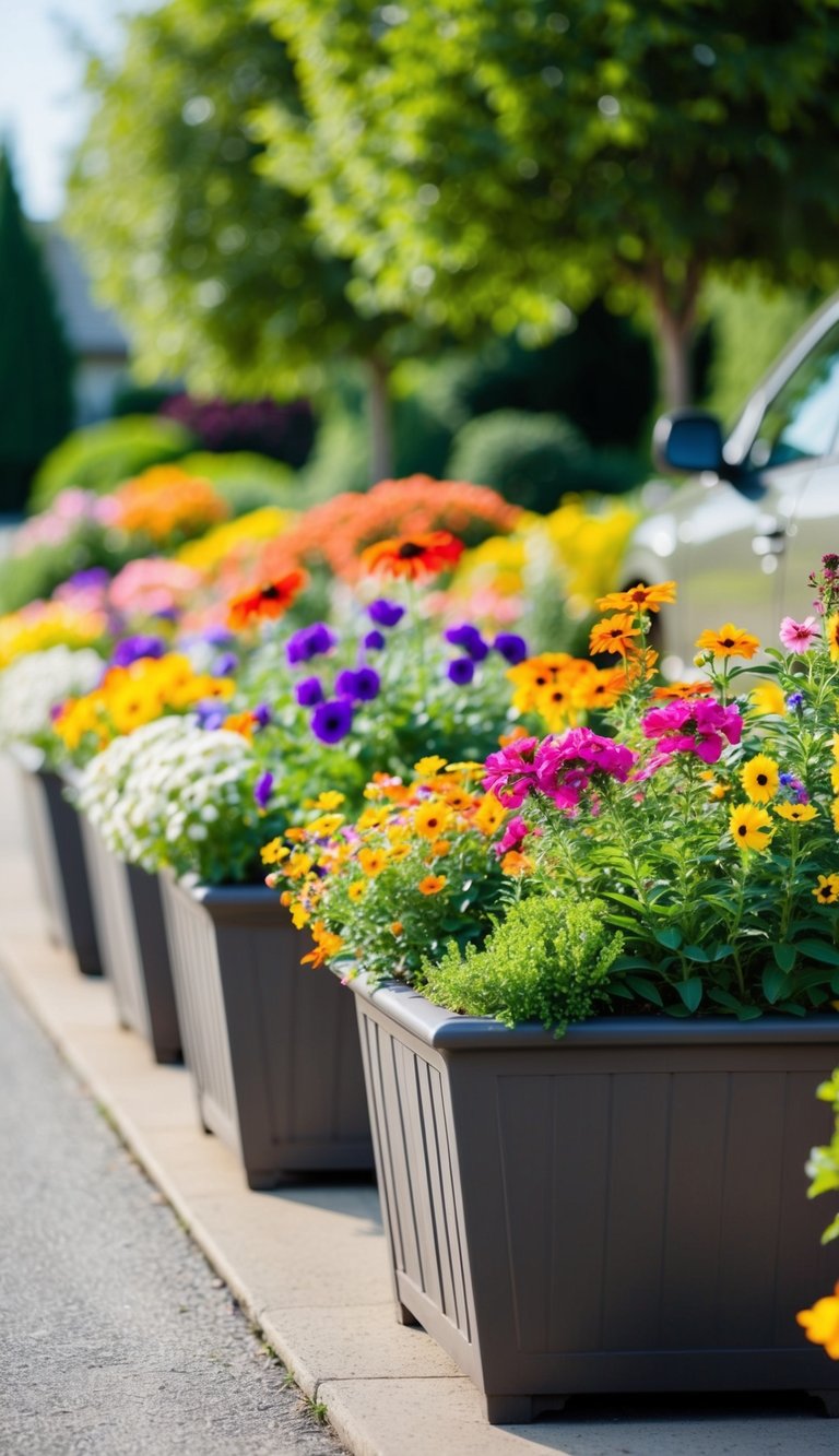 Colorful annual flowers fill planters lining a front driveway, adding a vibrant touch to the landscaping