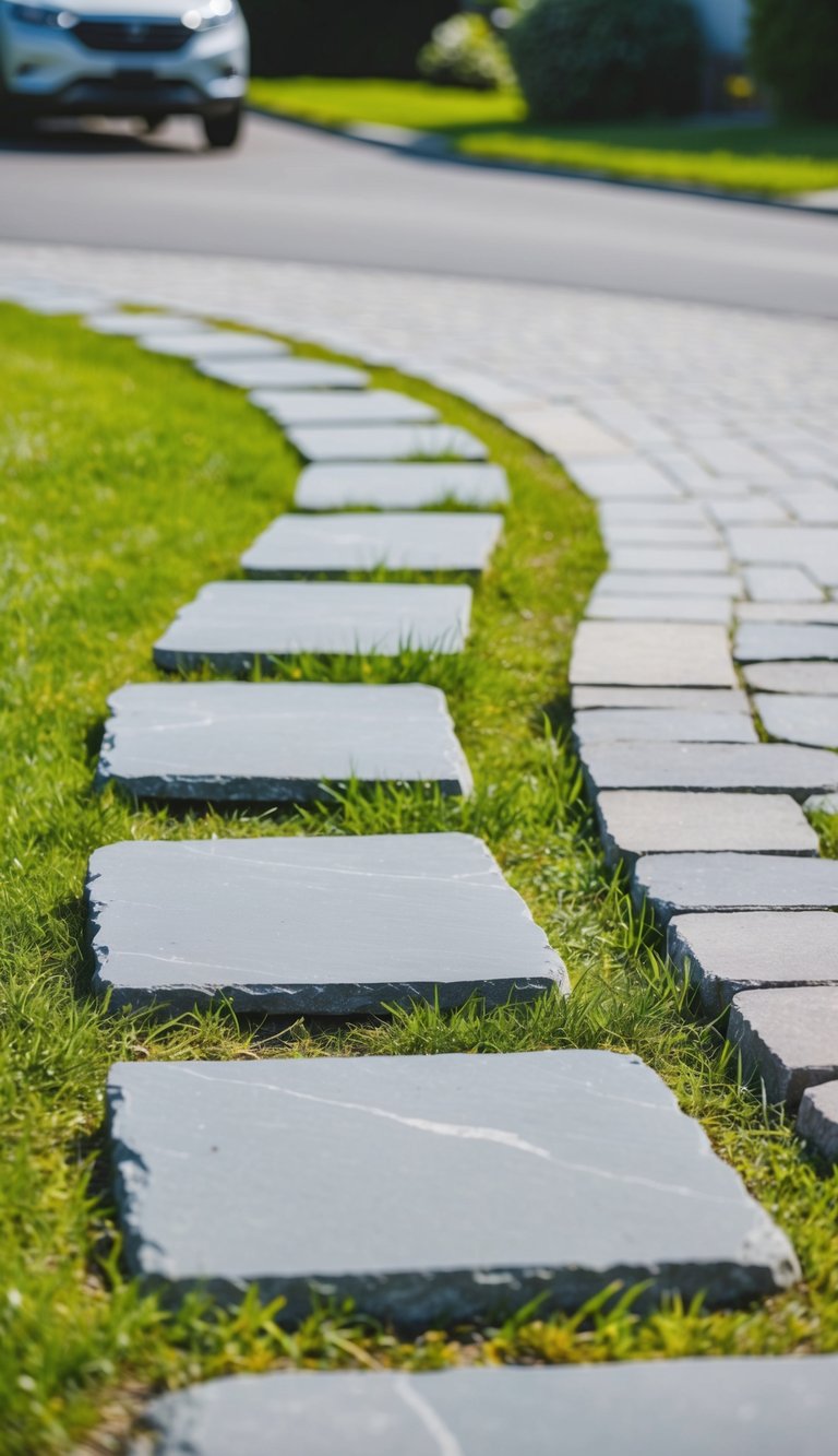 A winding stone pathway with grass between slabs leads through a front driveway landscape
