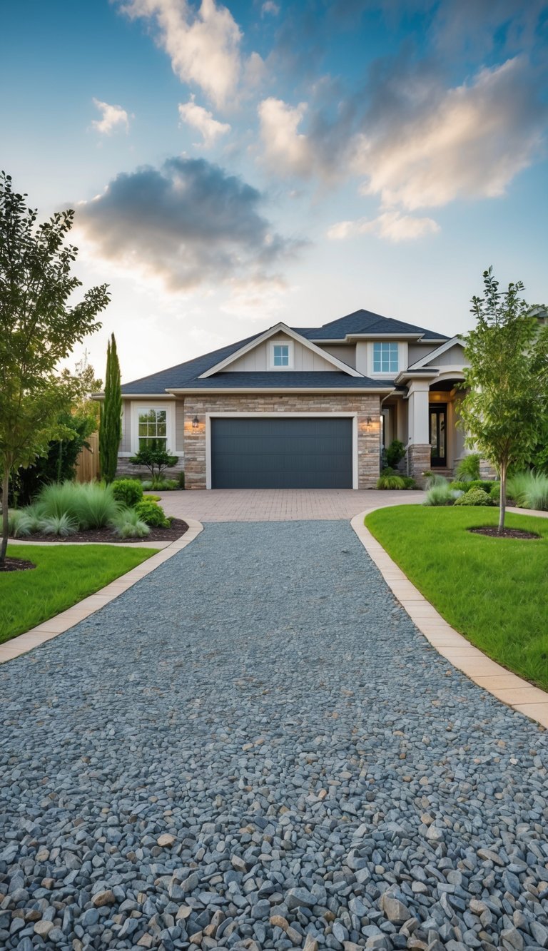 A front driveway with a mix of gravel and grass, surrounded by eco-friendly landscaping ideas