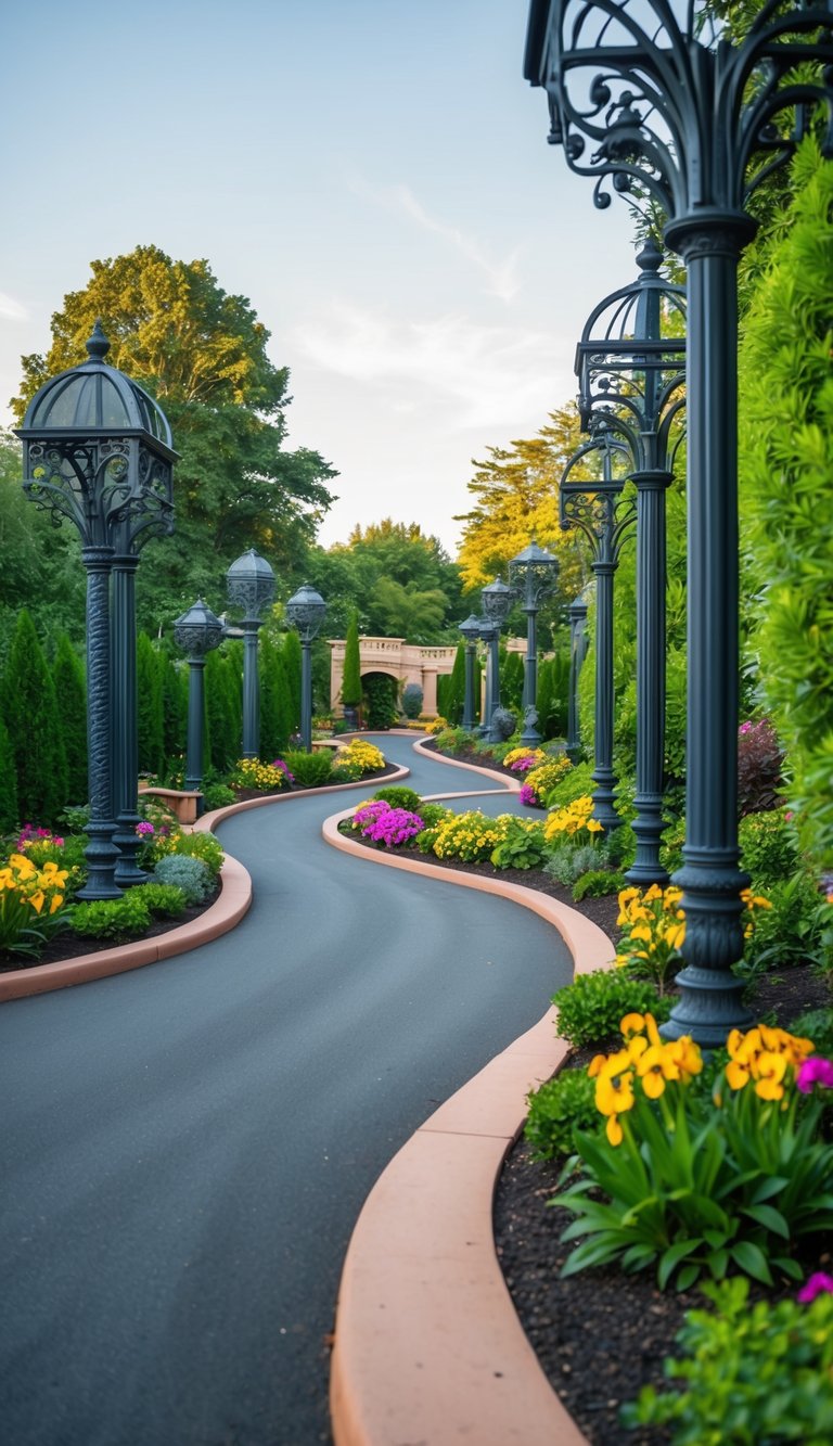 A winding driveway bordered by ornate metal structures, surrounded by lush landscaping and vibrant flowers