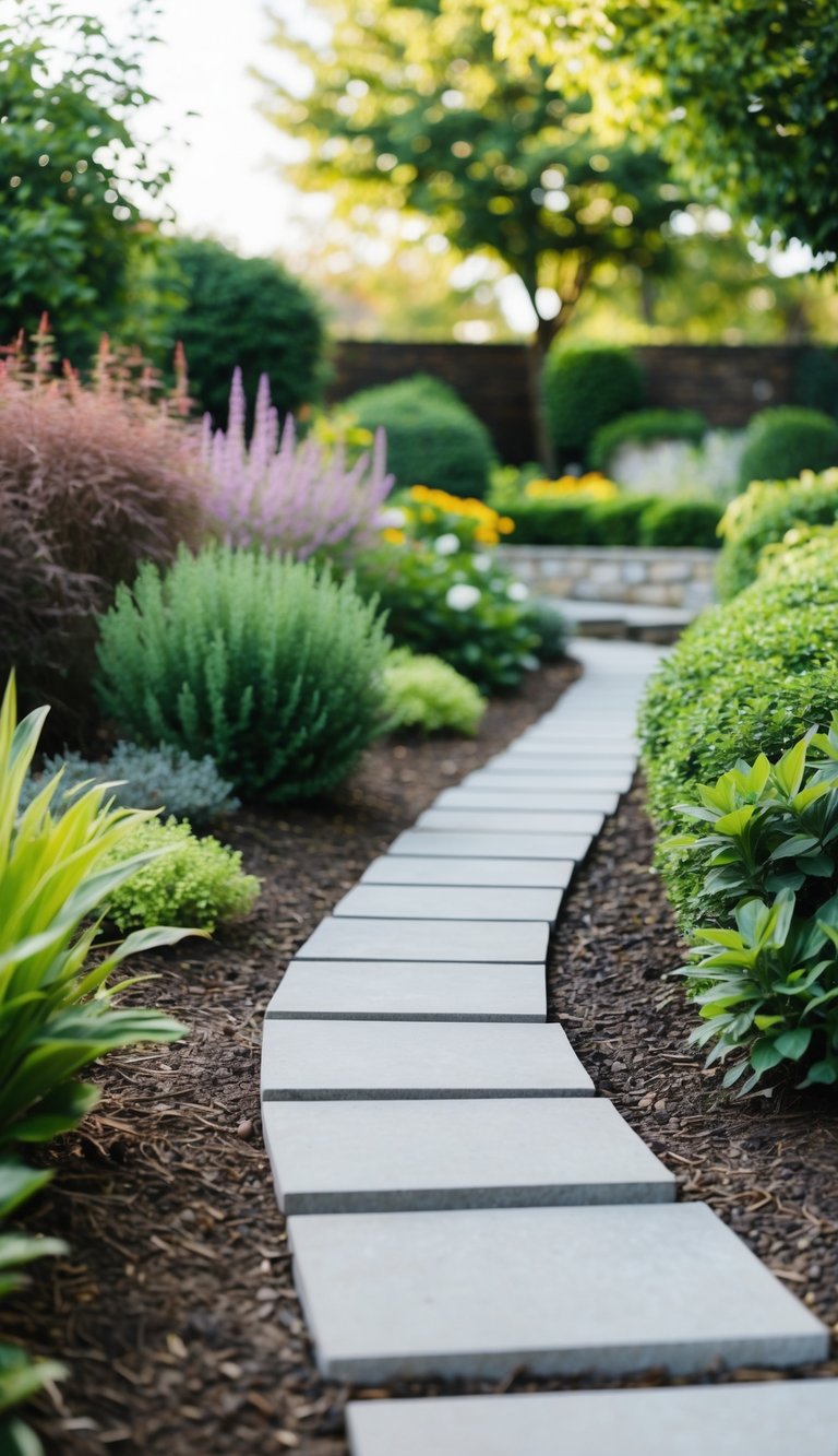 A pathway winds through a garden, lined with stepping stones and surrounded by lush landscaping