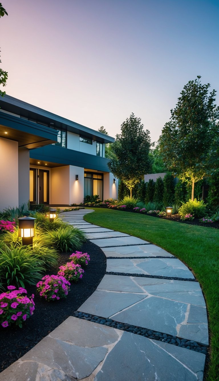 A curved stone pathway leads to a modern house flanked by lush greenery and colorful flowers, with strategically placed lighting highlighting the landscaping