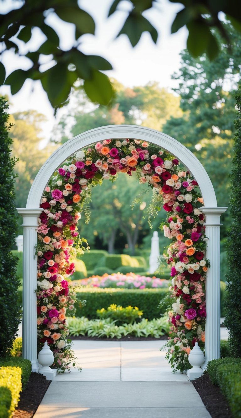 A floral archway frames the entrance, surrounded by lush landscaping