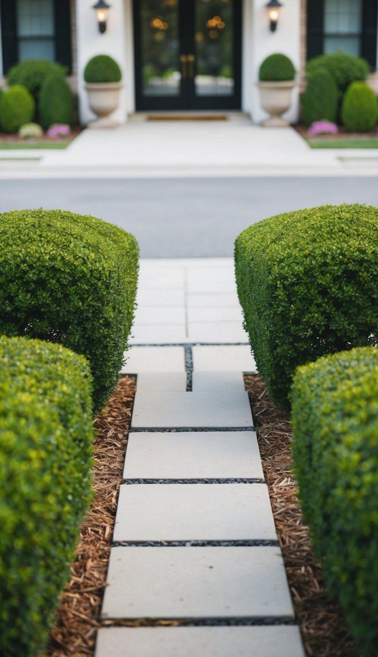 Two identical shrubs flank the driveway entry, creating a symmetrical landscaping design