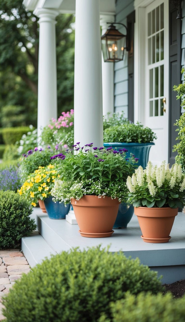 Lush potted perennials line a welcoming porch, adding vibrant color to the front entry landscaping
