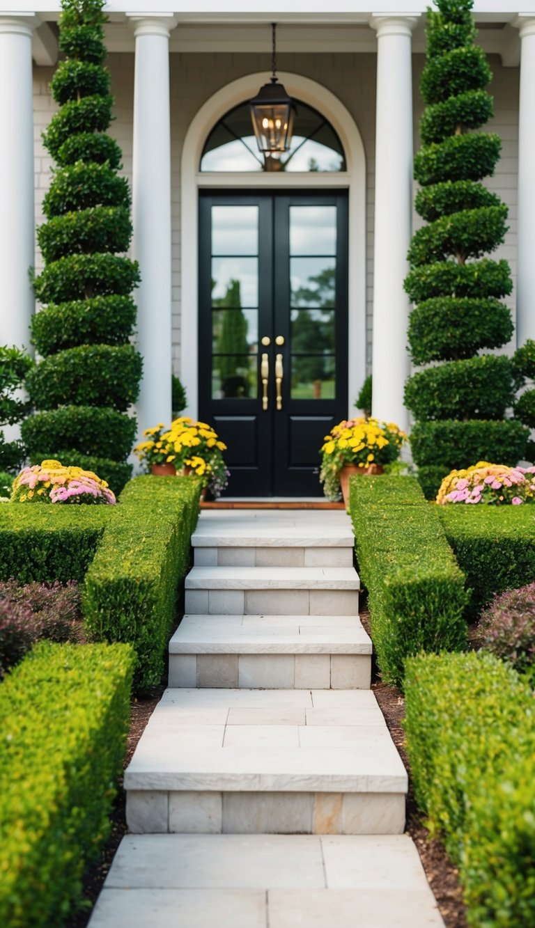 A symmetrical arrangement of shrubs flanking a front entryway, with neatly trimmed hedges and colorful flowers creating a welcoming and visually appealing landscape