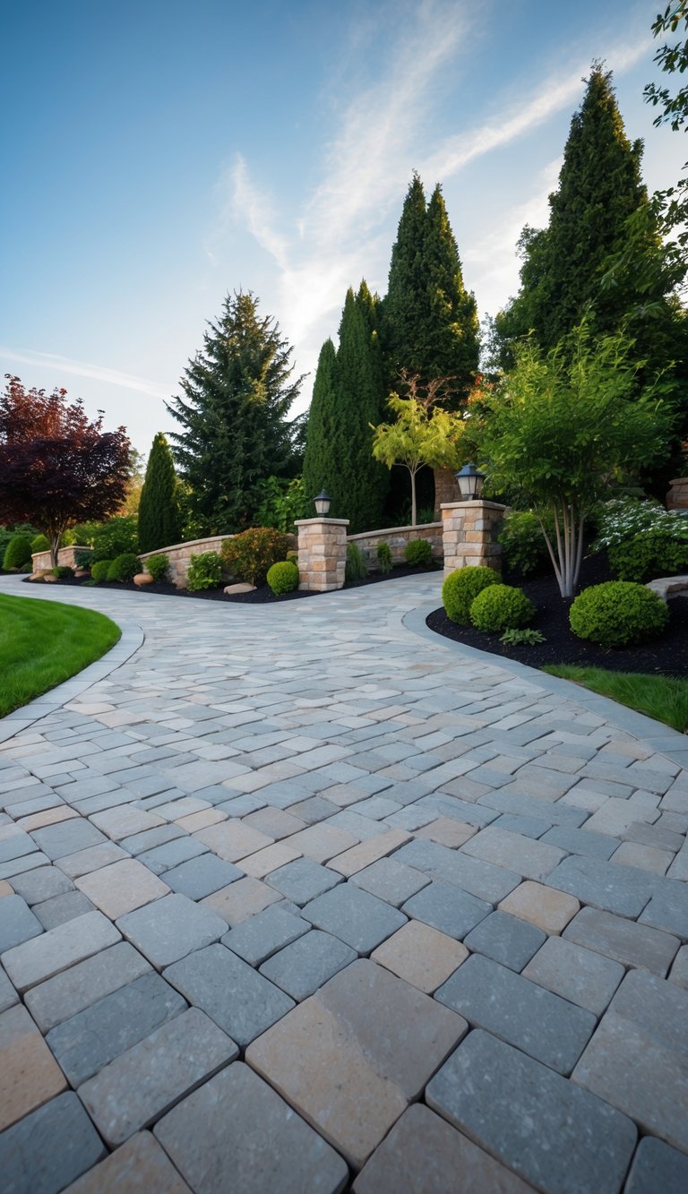 A driveway lined with geometric stone pavers leading to a landscaped entryway