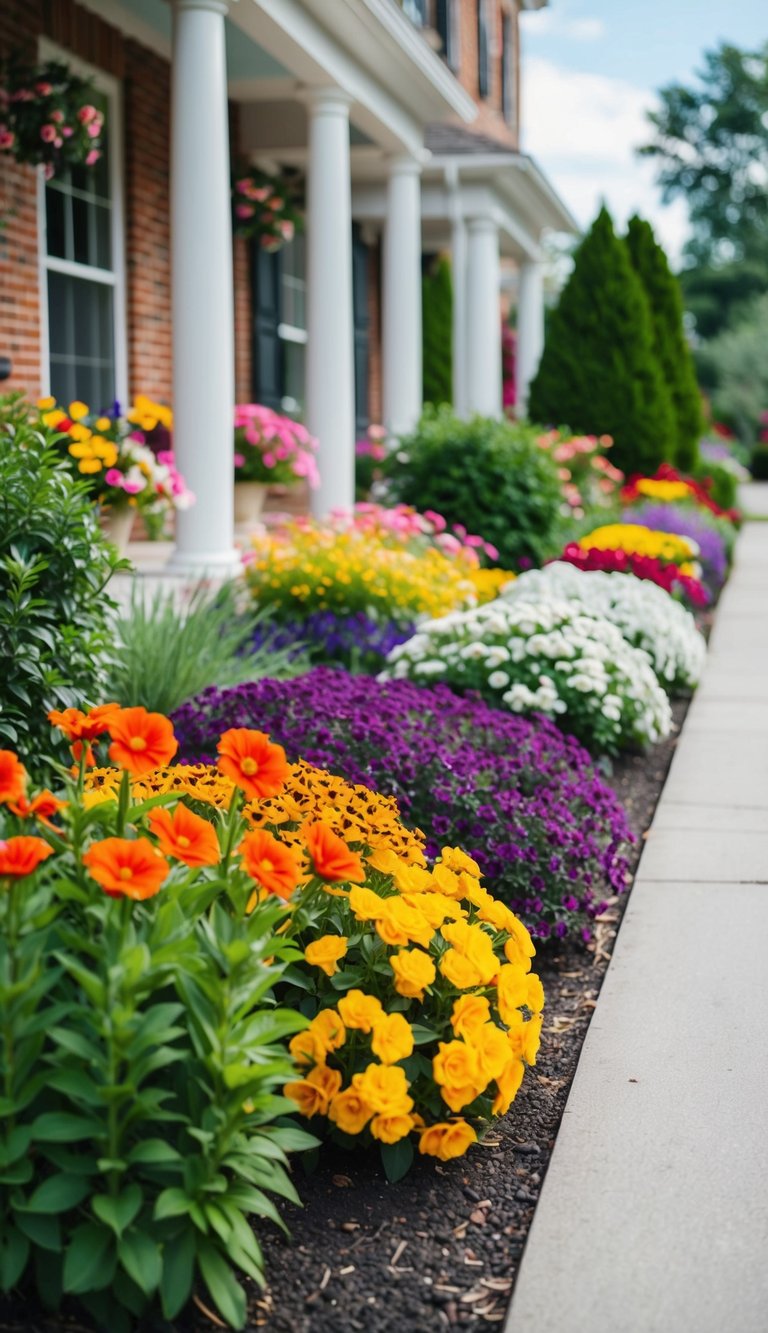 Vibrant flower beds line the front entry, bursting with color and variety