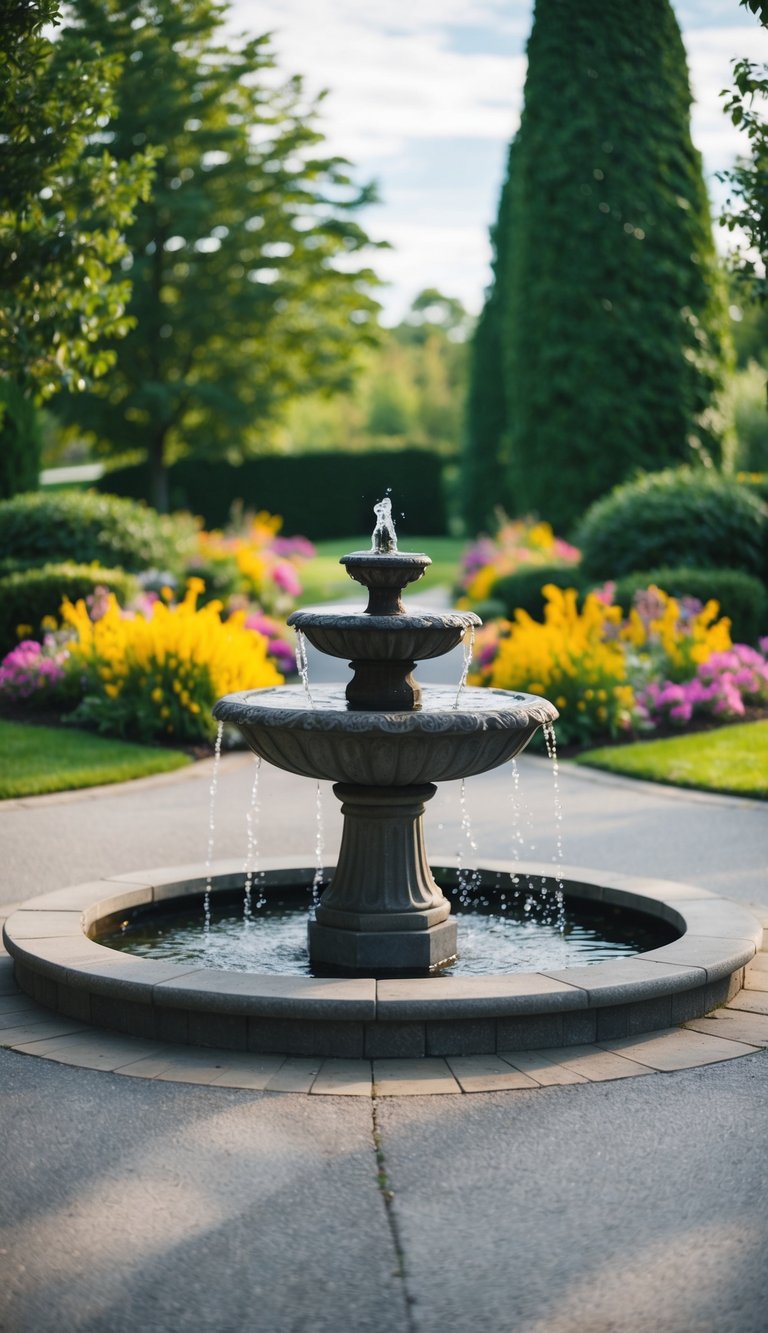 A stone fountain sits at the center of a circular driveway, surrounded by colorful flowers and lush greenery